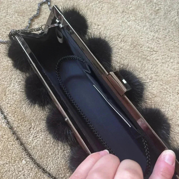 Secret Gardens by Karen Sharf black pom-pom rhinestone baguette clutch - Picture 7 of 11